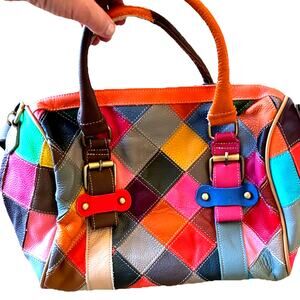 Genuine Leather Patchwork Shoulder Bag Handbag Tote Colorful Boho Dopamine MINT